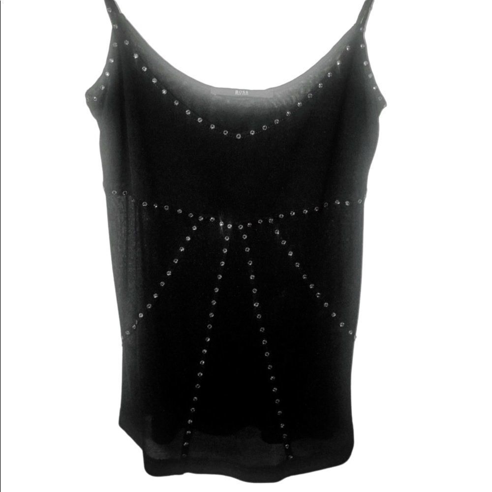 Extra small Black BOSS Hugo Gorgeous luxury Silk top embellished Rhinestone EUC